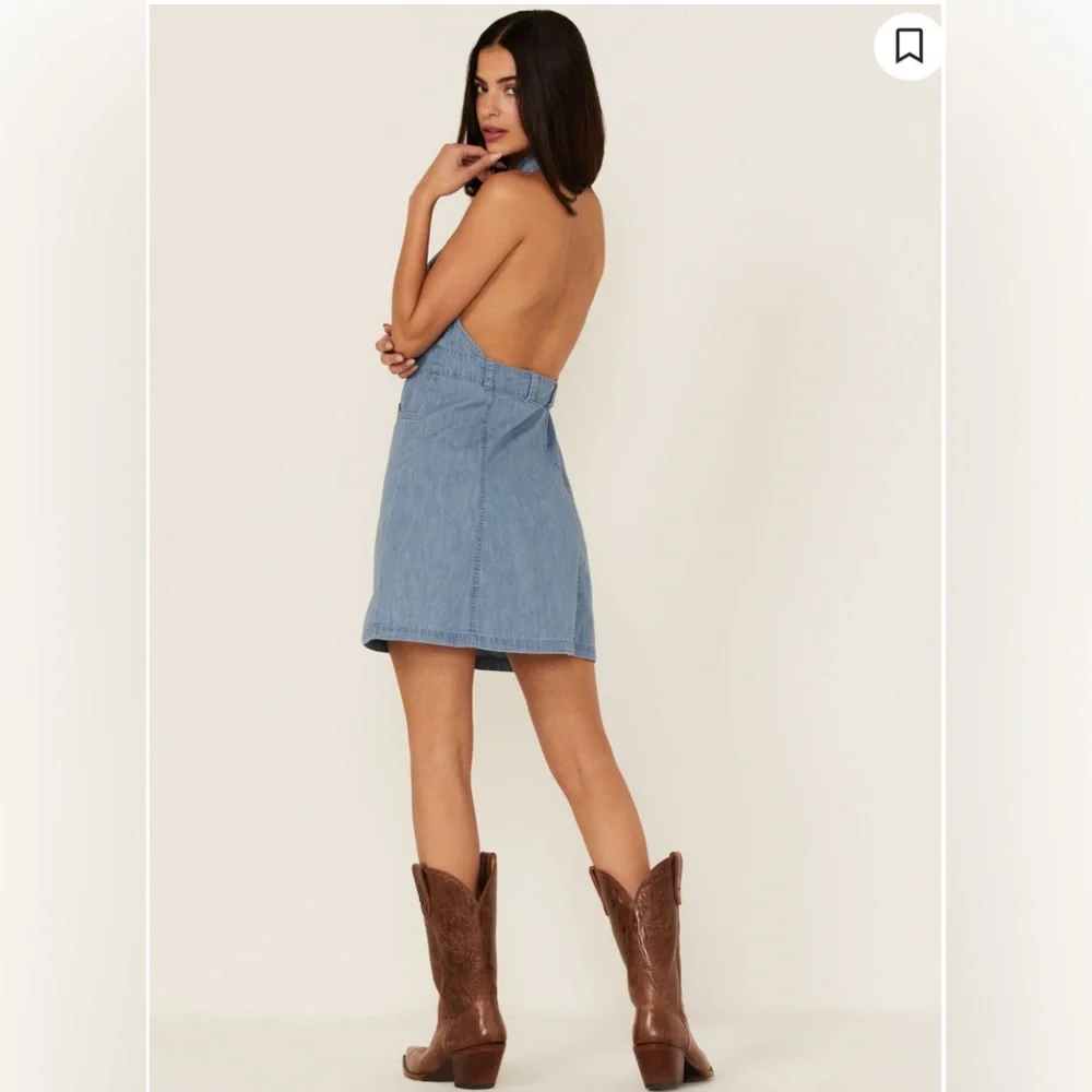 Free People Women's Blue Sami Denim Collared Halter Mini Dress Size S - Picture 3 of 6